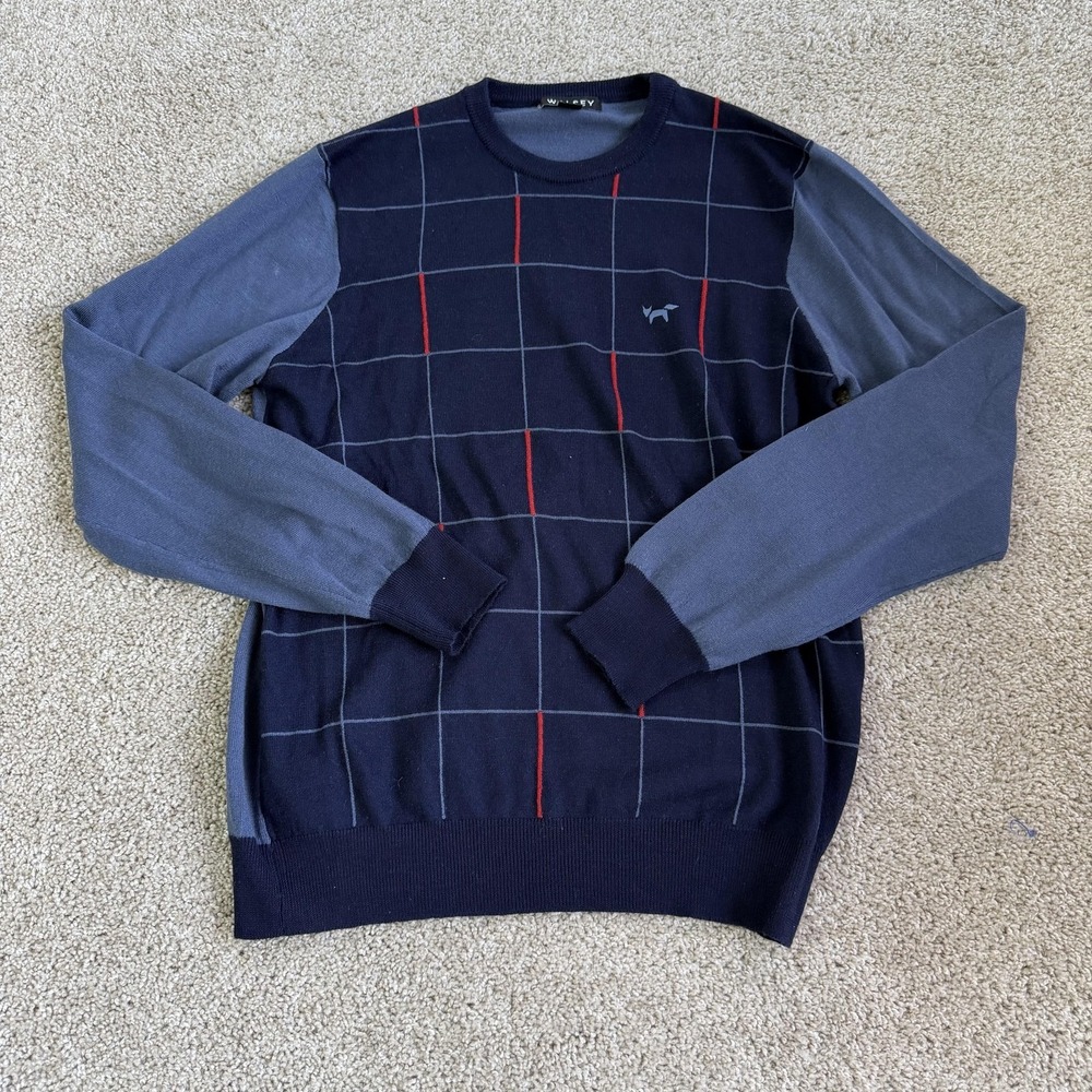 Wolsey Sweater Mens Medium Blue Check 100% Merino Tight Knit Crewneck Pullover